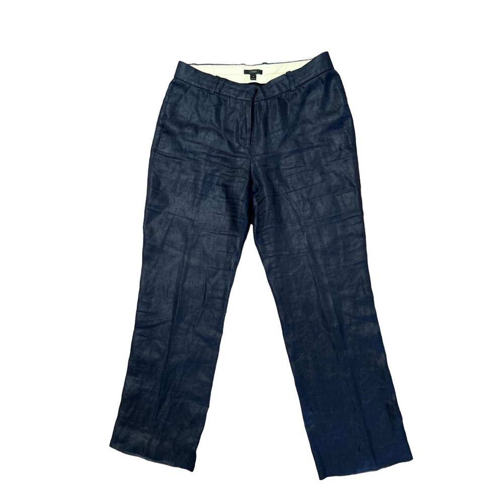 Women's J.Crew 100% Woven Linen Navy Blue Strait Leg Pants Trousers Size 8 - Picture 1 of 10